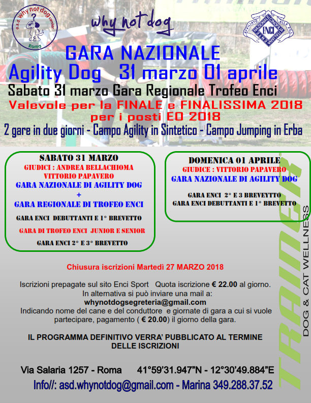 Gara Nazionale di  Agility dog + Gara Regionale Trofeo Enci 31 marzo 2018