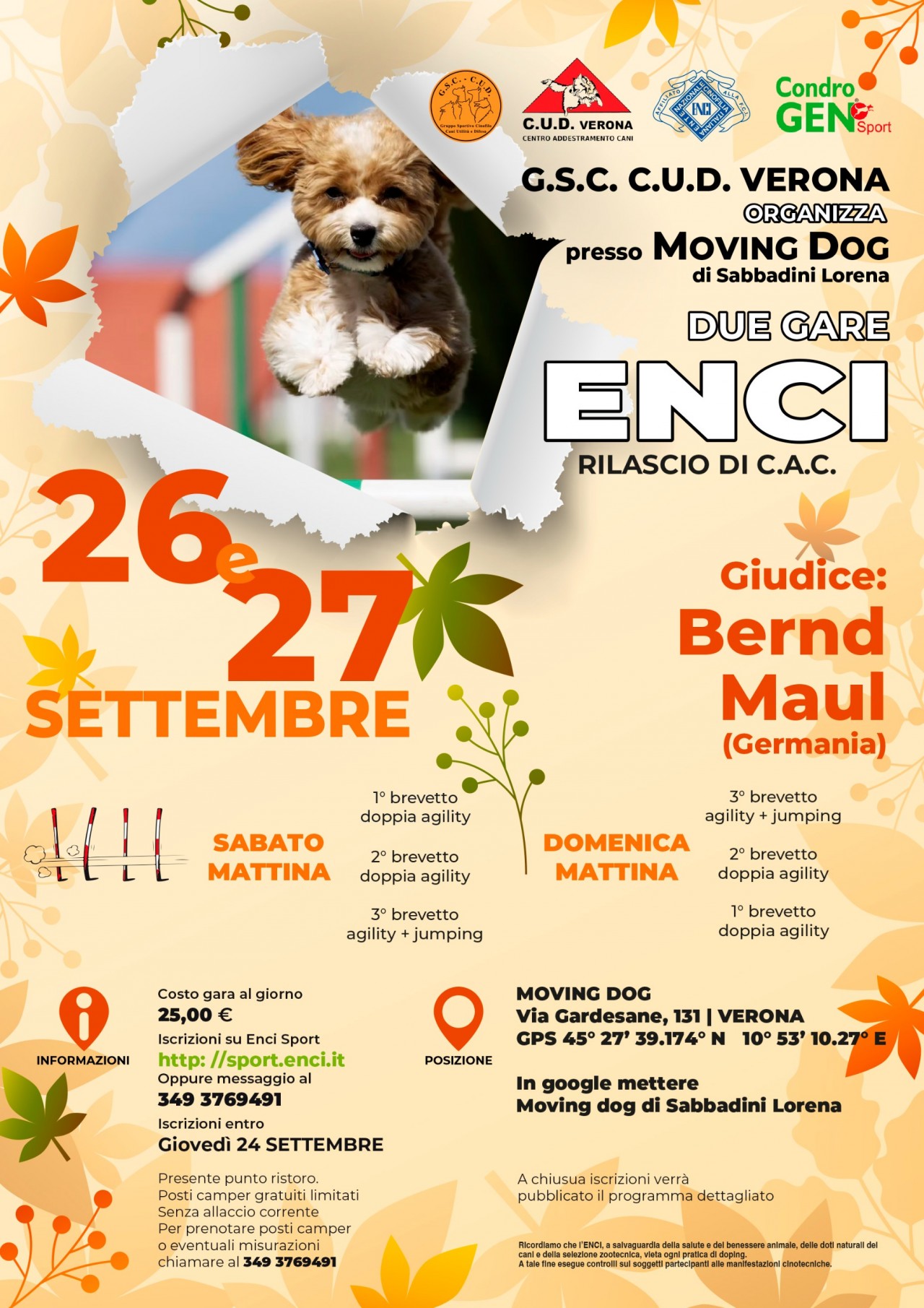 GSC CUD SEZ. VERONA ORGANIZZA 2 GARE ENCI CAC DOPPIA AGILITY SABATO 26 E DOMENICA 27 SETTEMBRE 2026