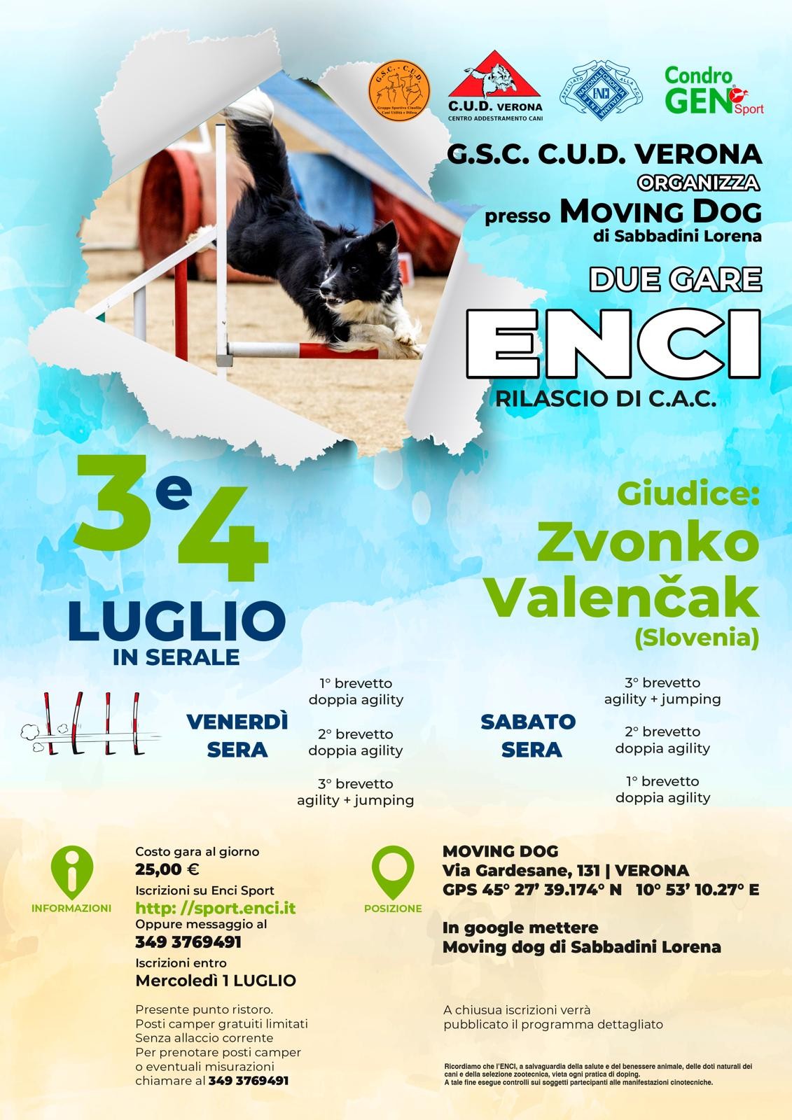 GSC CUD SEZ. VERONA ORGANIZZA 2 GARE ENCI CAC DOPPIA AGILITY SERALE VENERD&igrave; 3 E SABATO 4 LUGLIO 2026